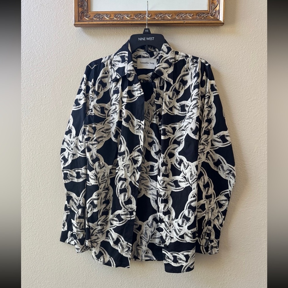 Samantha Sung black chain pattern cotton button down shirt size 6